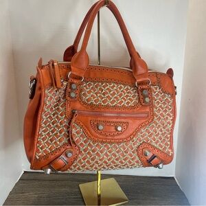 Nicole Lee Satchel with Cognac orange Leather Trim and Geometric Pattern. Used.
